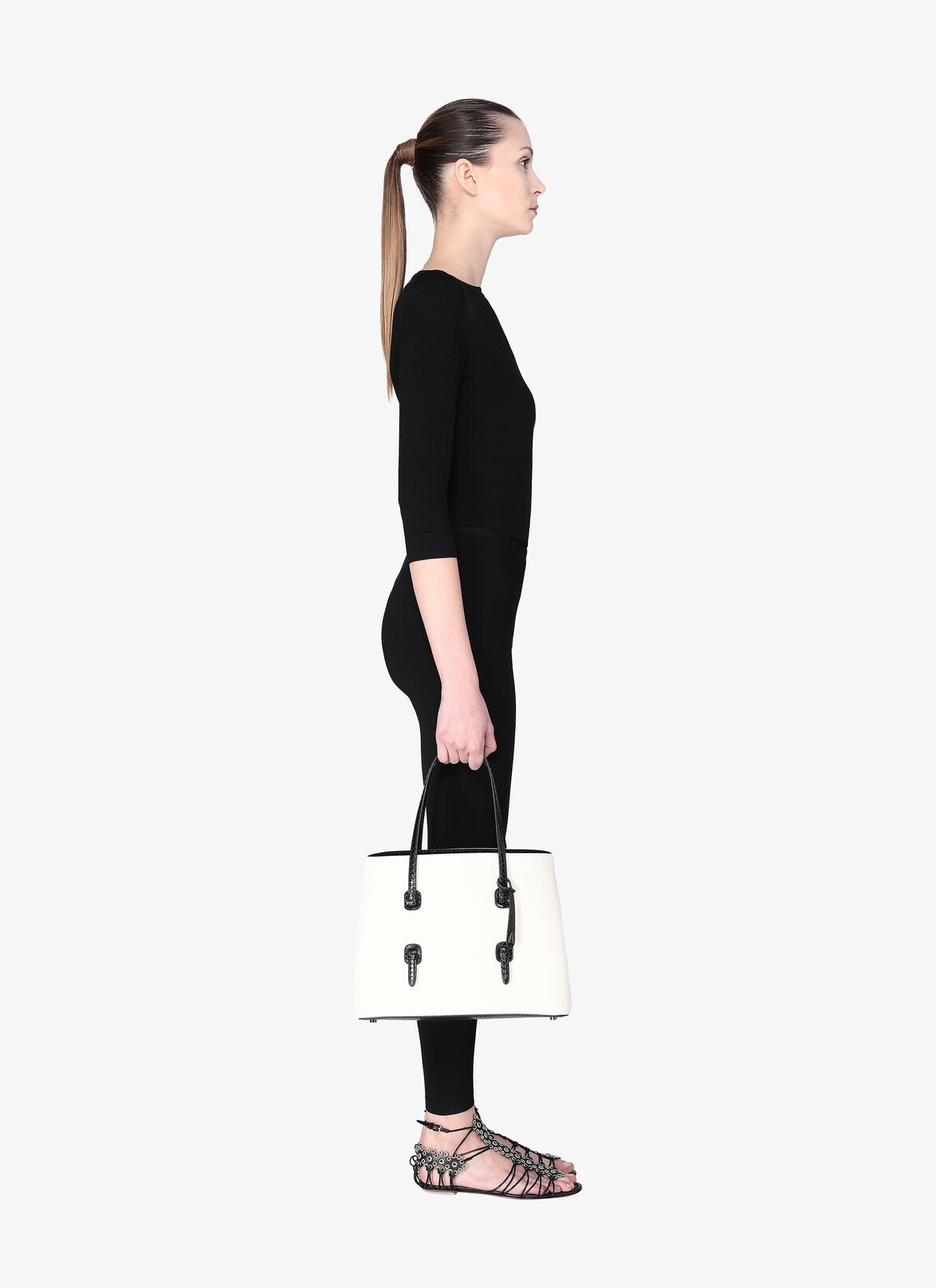 MINA MEDIUM CANVAS+ELAPHE IVORY/BLACK ALAÏA IVORY/BLACK  MINA MEDIUM CANVAS+ELAPHE IVORY/BLACK